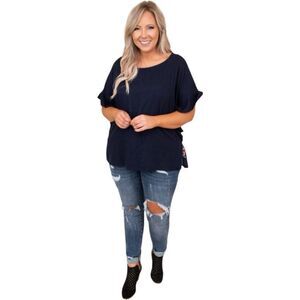 Womens Umgee Look What I Found Floral Print Back Top in Navy Blue - Sz S